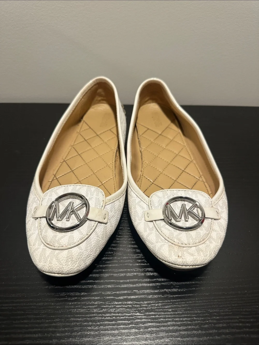 Michael Kors White Logo Quilted Ballet Flats with Silver MK Emblem